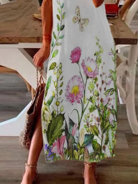 Casual Short Sleeve Flower Slit Dress