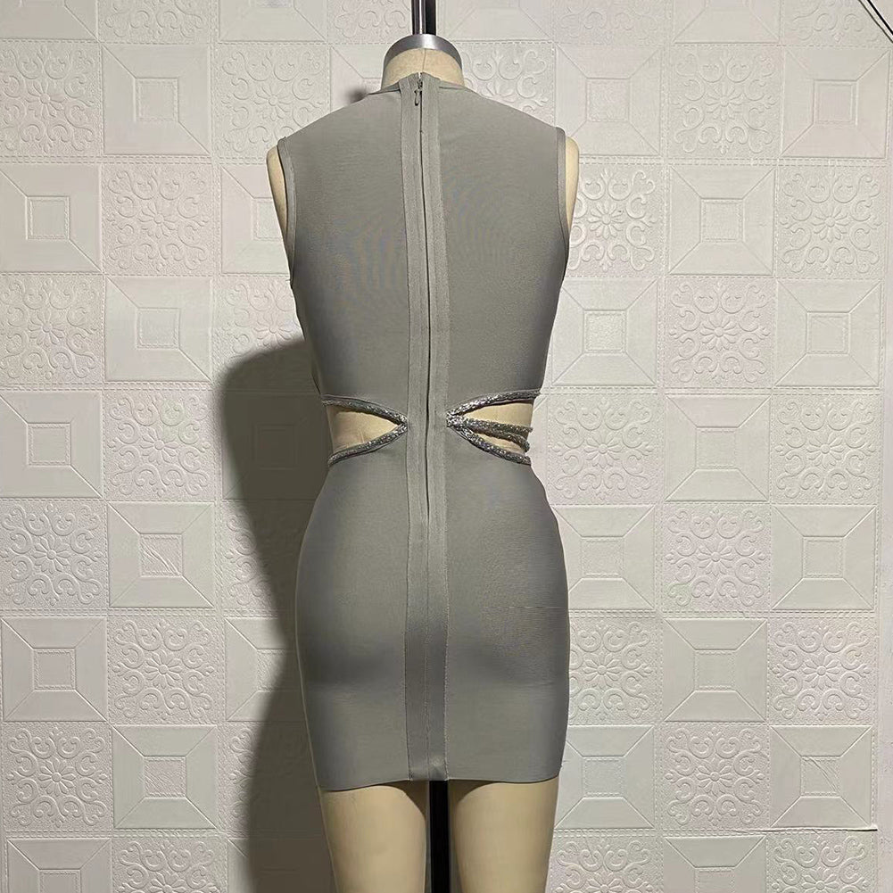Round Neck Sleeveless Exposed Waist Mini Bandage Dress