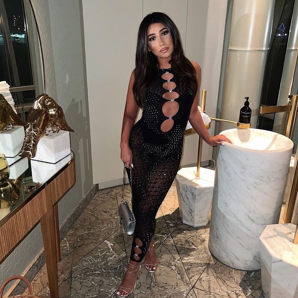 Black Sleeveless Mesh Hollow Out Round Neck Jumpsuit