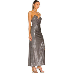 Sparkly Cross Halter High Slit Sequin Evening Maxi Dress - Silver