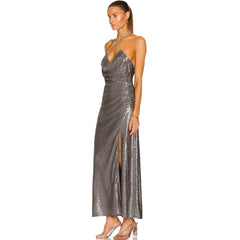 Sparkly Cross Halter High Slit Sequin Evening Maxi Dress - Silver