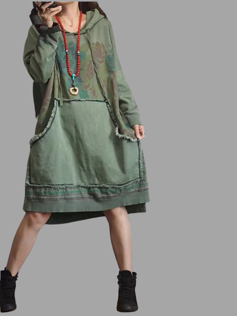 stylish contrast color denim loose large size midi length hoodie