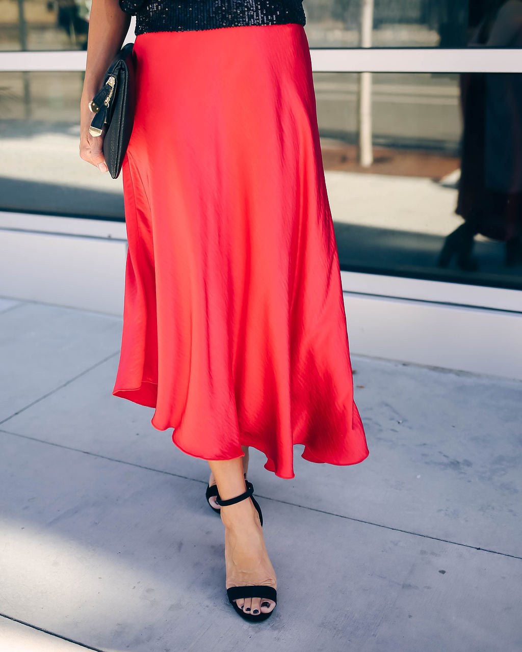 State Of Bliss Satin Asymmetrical Midi Skirt - Red