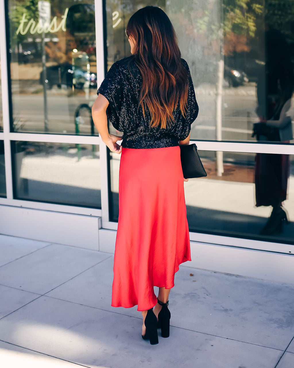 State Of Bliss Satin Asymmetrical Midi Skirt - Red