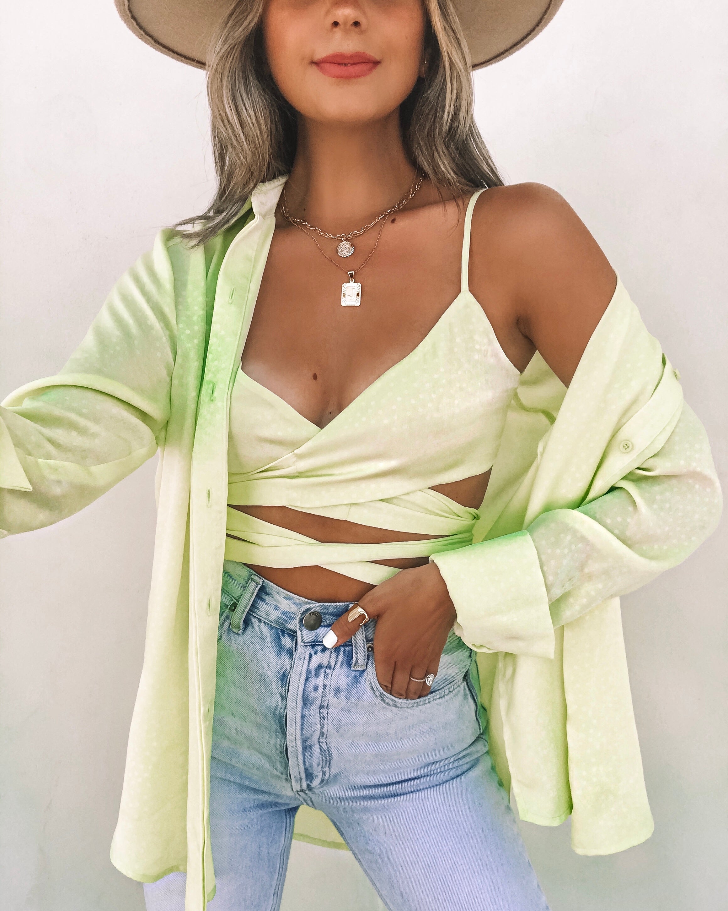 Izabel Spotted Button Down Blouse - Lime