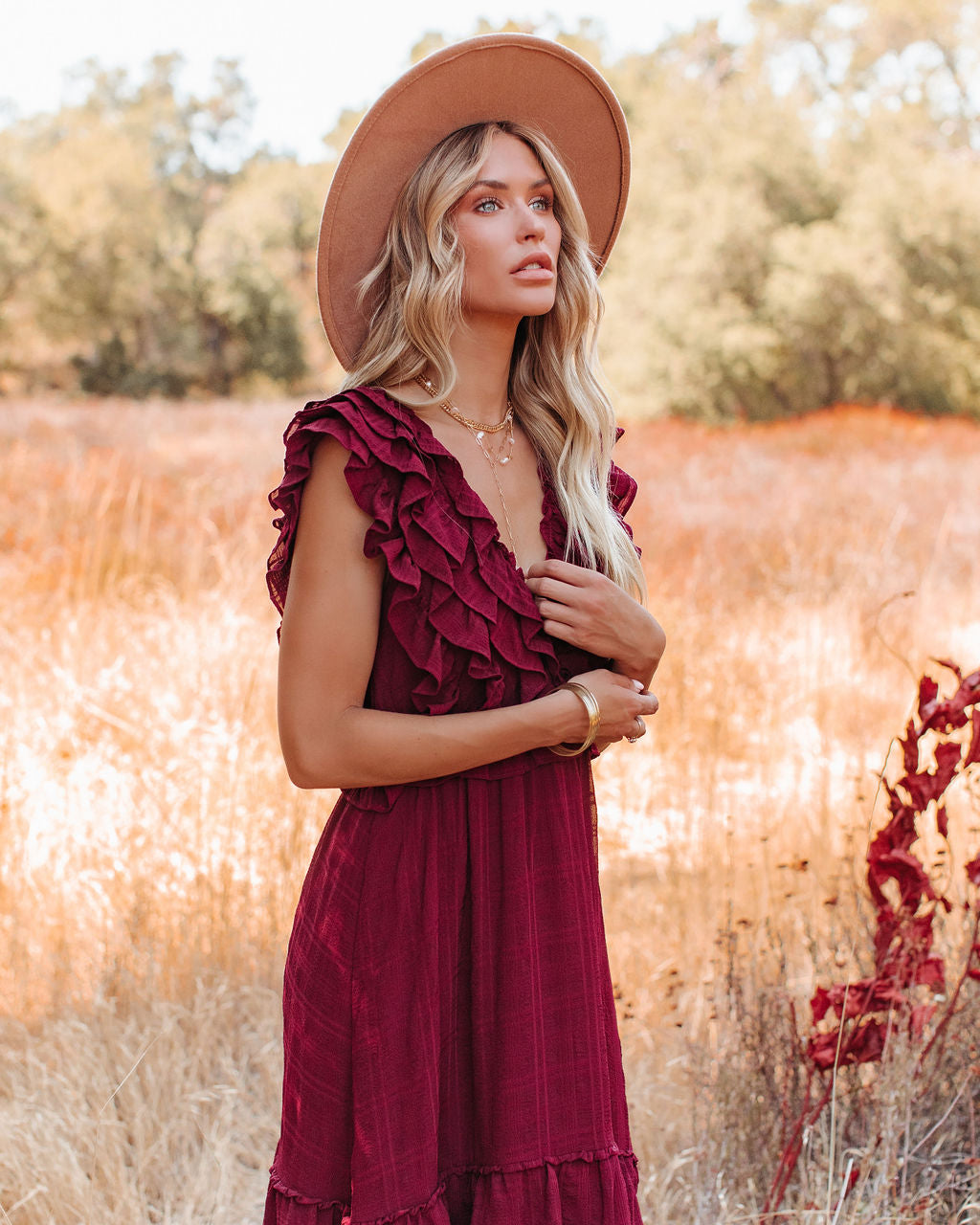 Bodhi Tiered Ruffle Maxi Dress - Wine