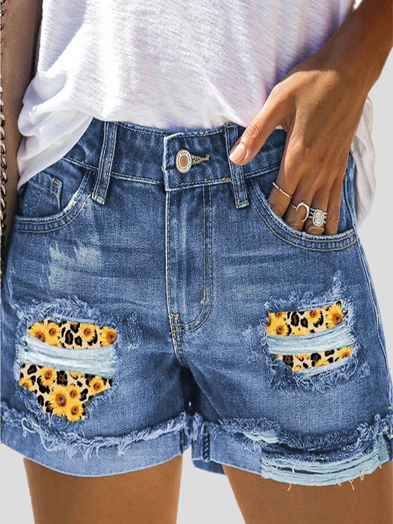 Camouflage Sunflower Ripped Patch Jeans Shorts
