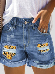 Camouflage Sunflower Ripped Patch Jeans Shorts