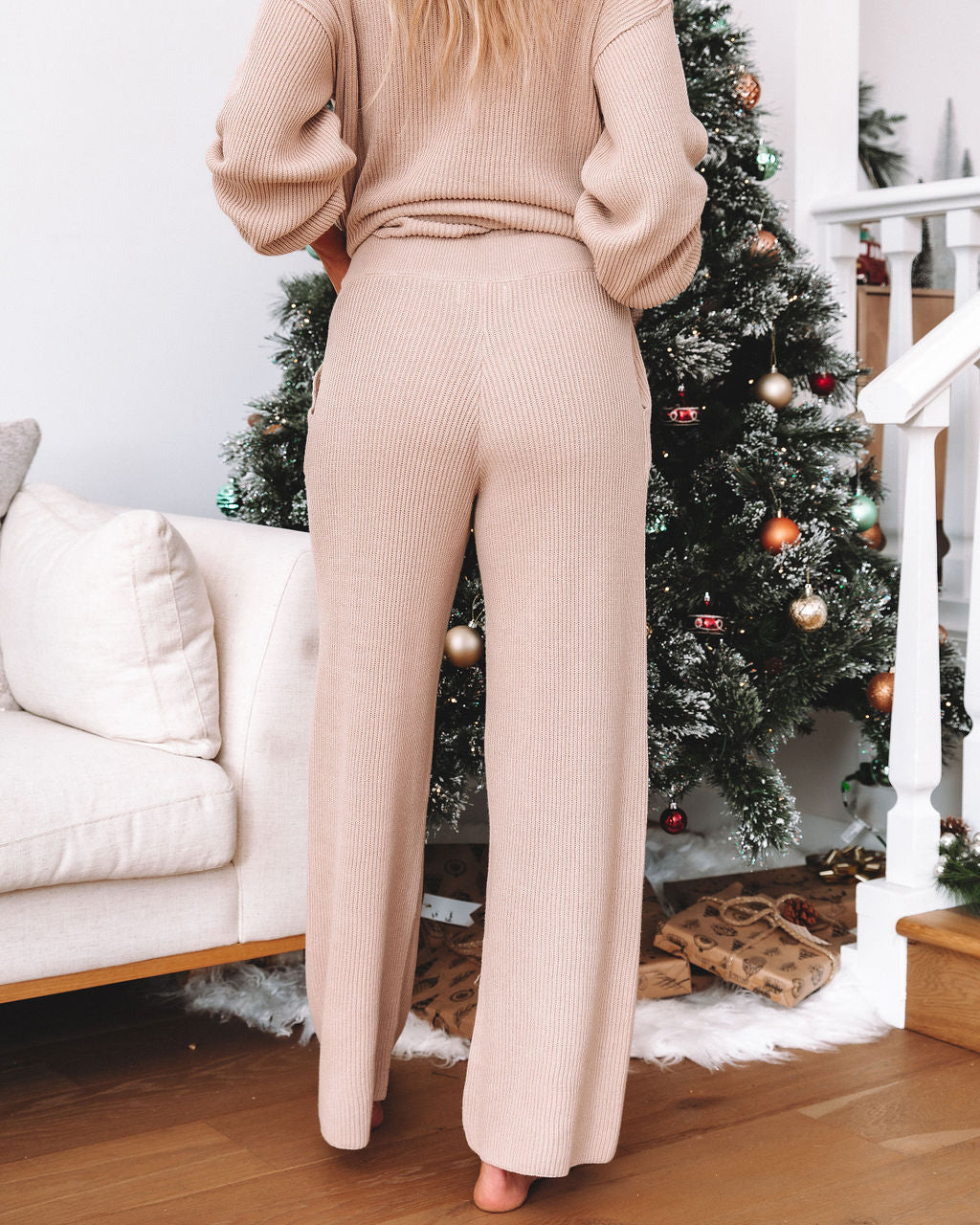 Candlelight Cotton Pocketed Ribbed Pants - Beige