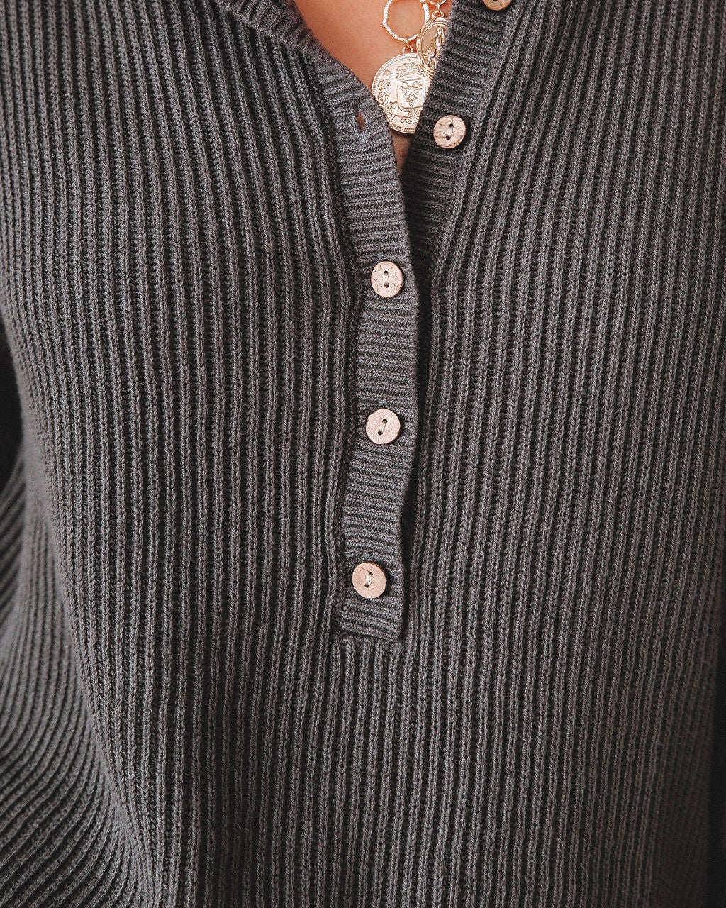 Candlelight Cotton Ribbed Henley Sweater - Charcoal