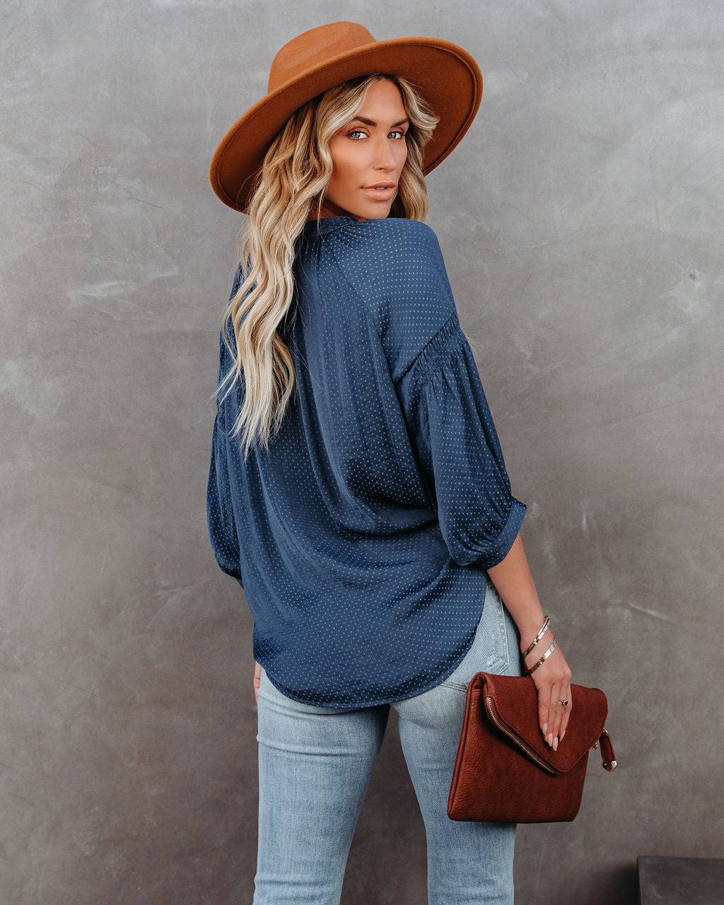 Carla Embossed Button Down Blouse - Blue
