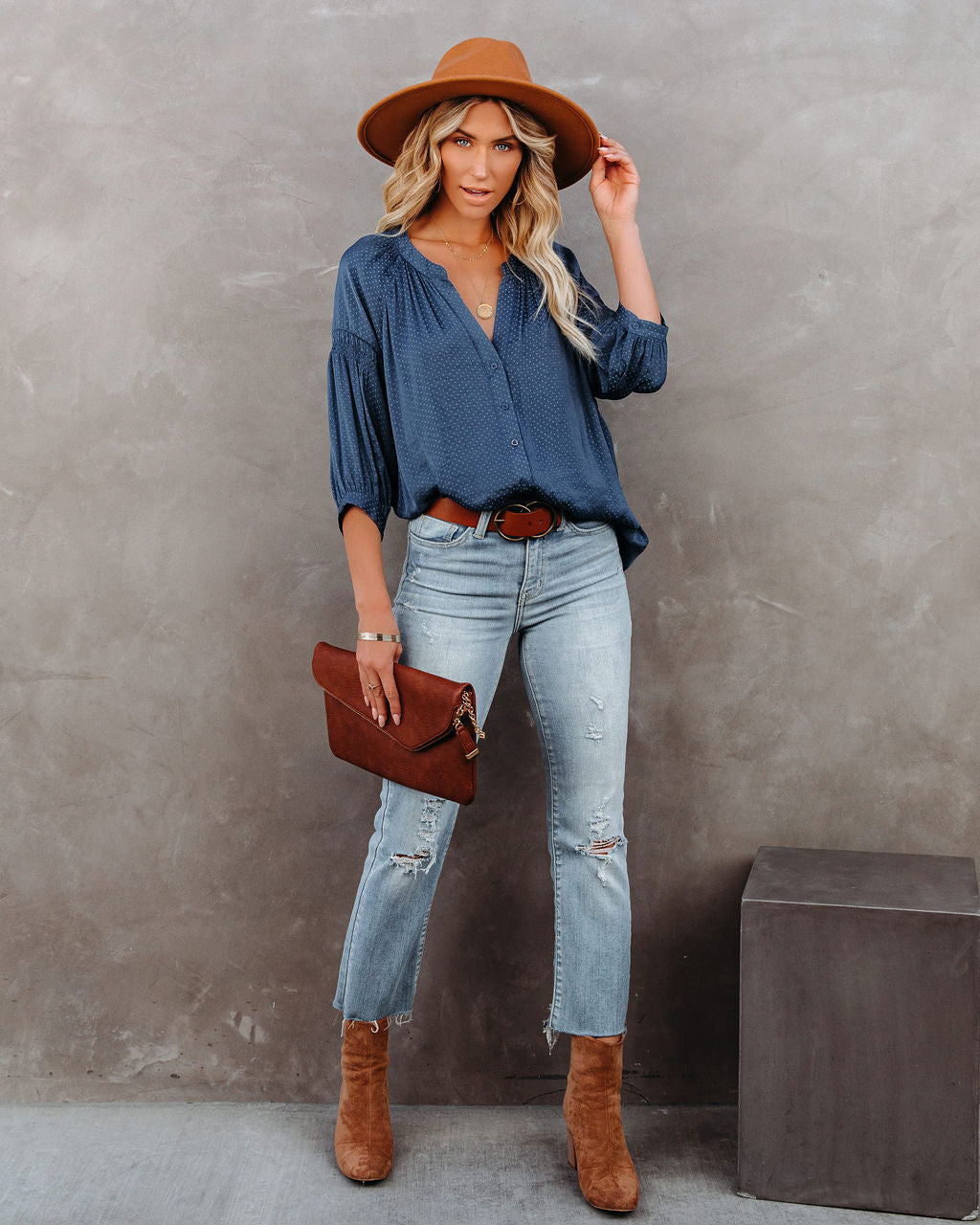 Carla Embossed Button Down Blouse - Blue