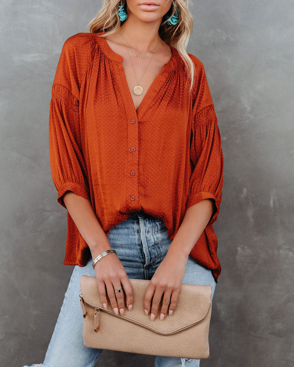 Carla Embossed Button Down Blouse - Rust