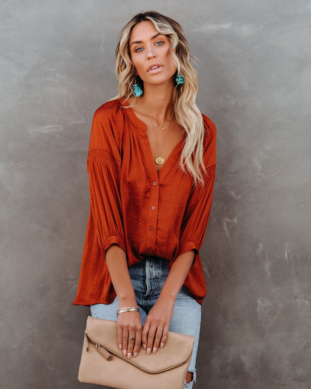 Carla Embossed Button Down Blouse - Rust