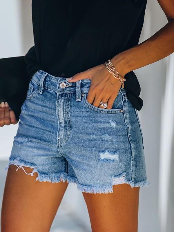 Casual Denim Shorts With Ripped Fringe Pockets