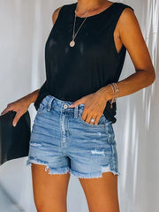Casual Denim Shorts With Ripped Fringe Pockets