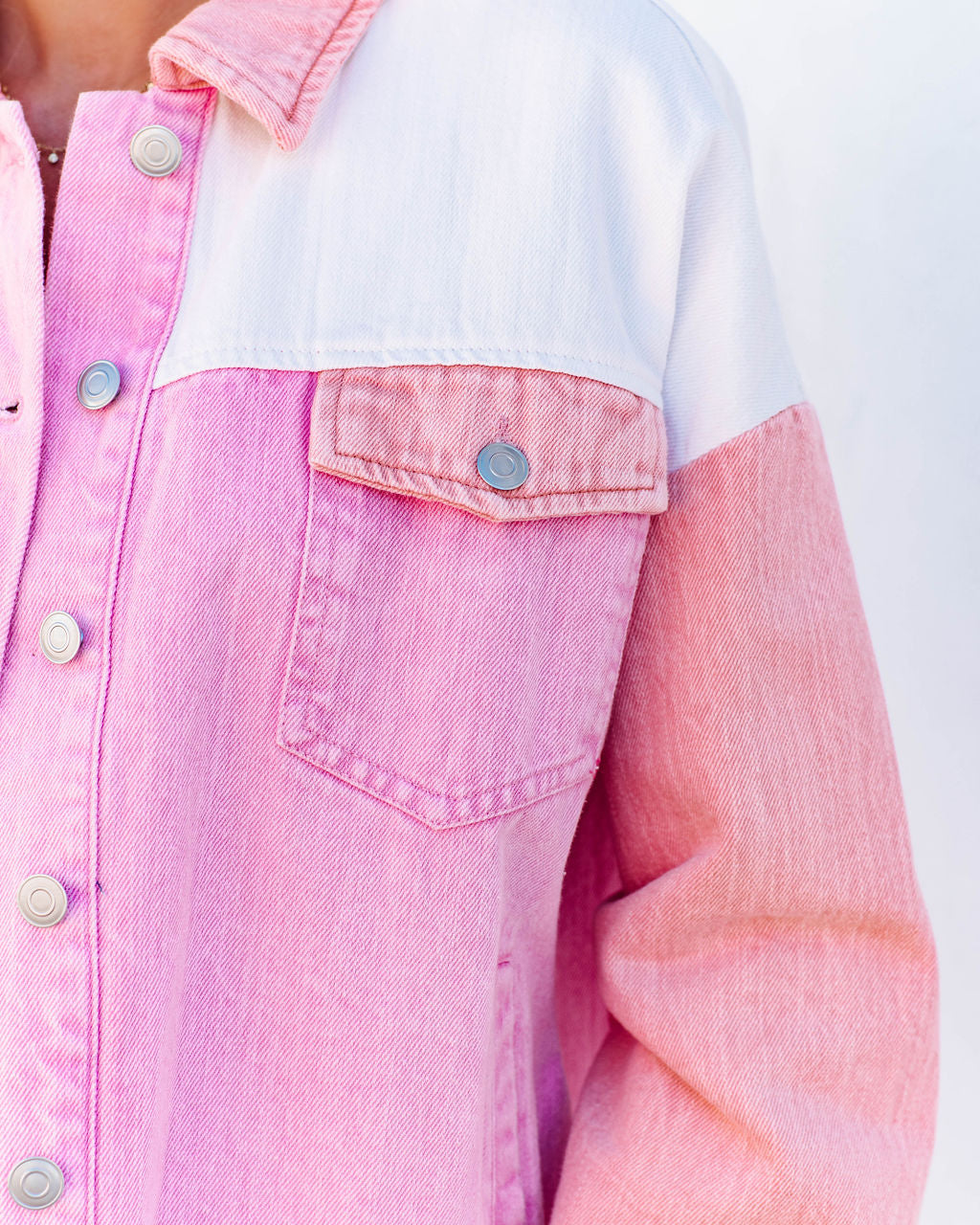 Cavin Pocketed Colorblock Denim Jacket - Pink Combo