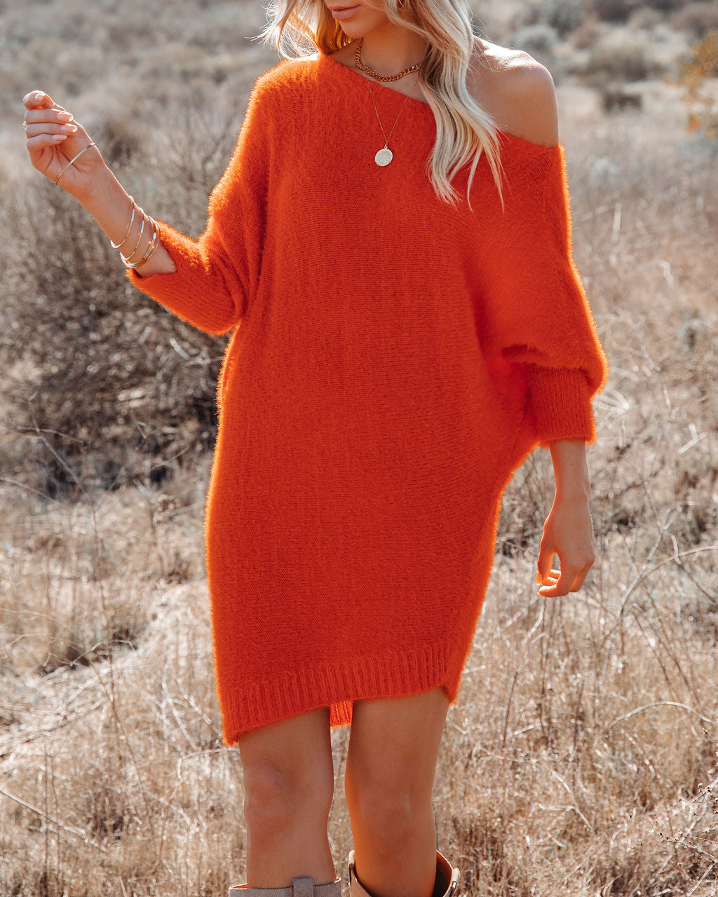 Cecelia Asymmetrical Knit Sweater Dress - Red Orange