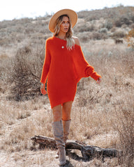 Cecelia Asymmetrical Knit Sweater Dress - Red Orange