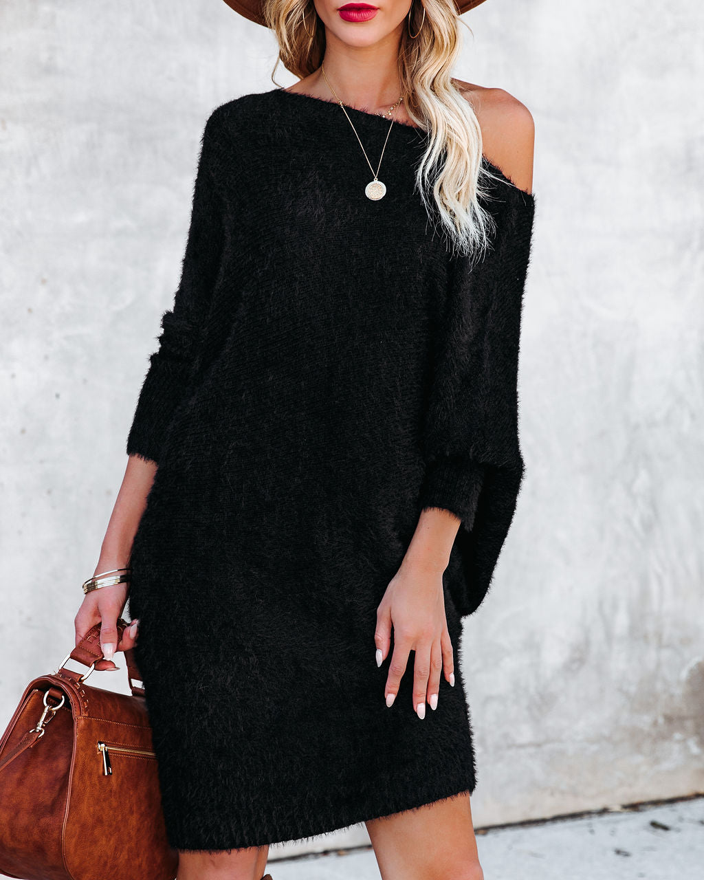 Cecelia Asymmetrical Knit Sweater Dress - Black