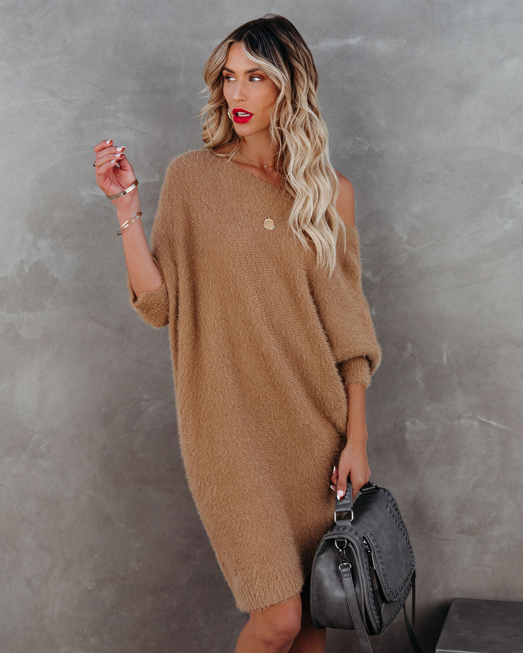 Cecelia Asymmetrical Knit Sweater Dress - Camel