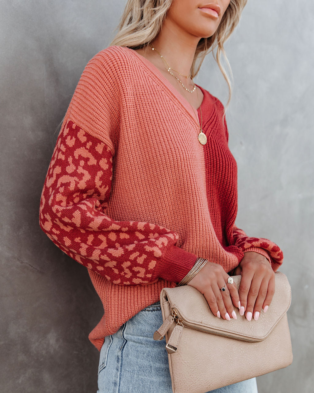 Change Of Heart Two-Tone Knit Leopard Sweater - Terracotta/ Peach