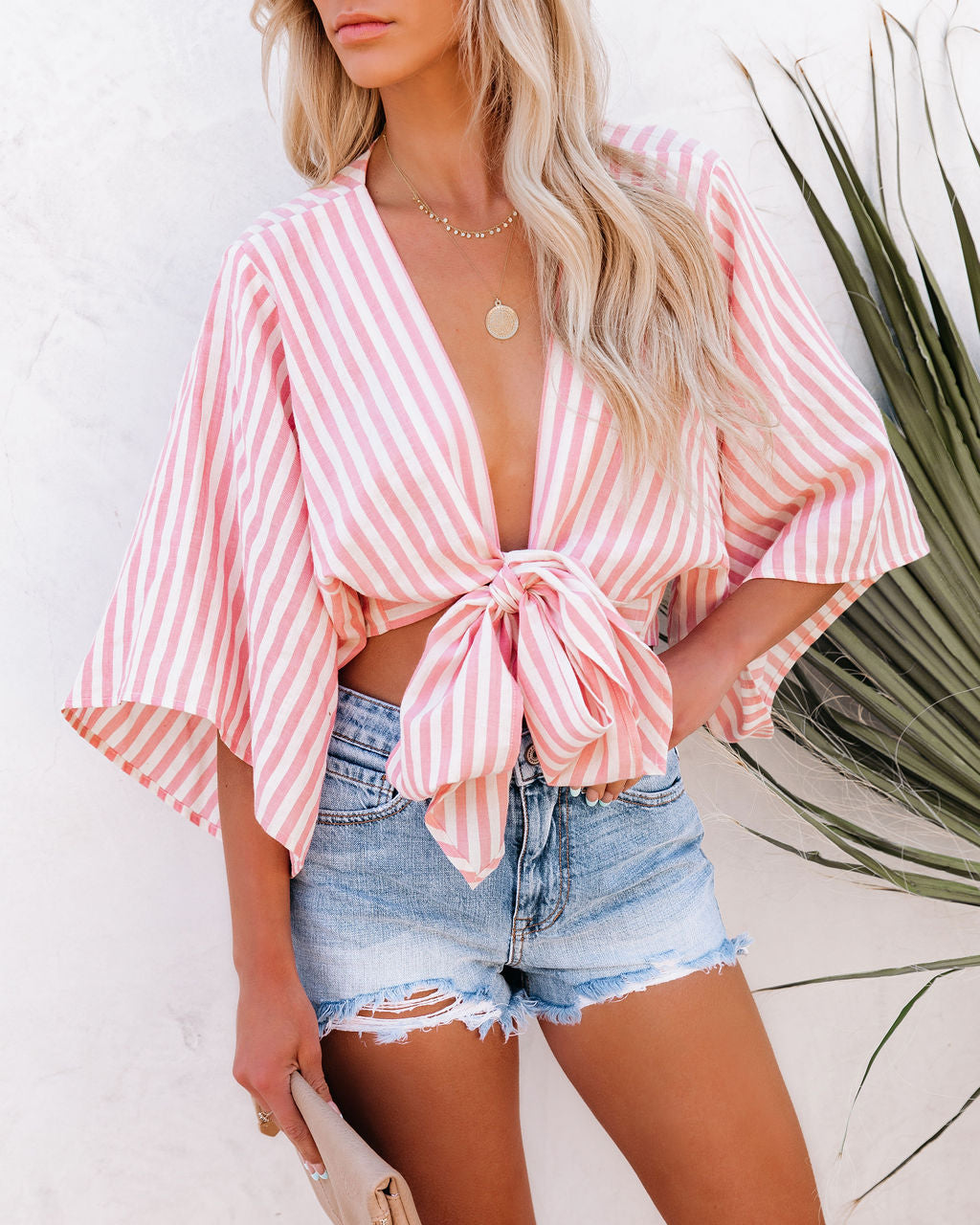 Chi Cotton Blend Striped Tie Top - Pink