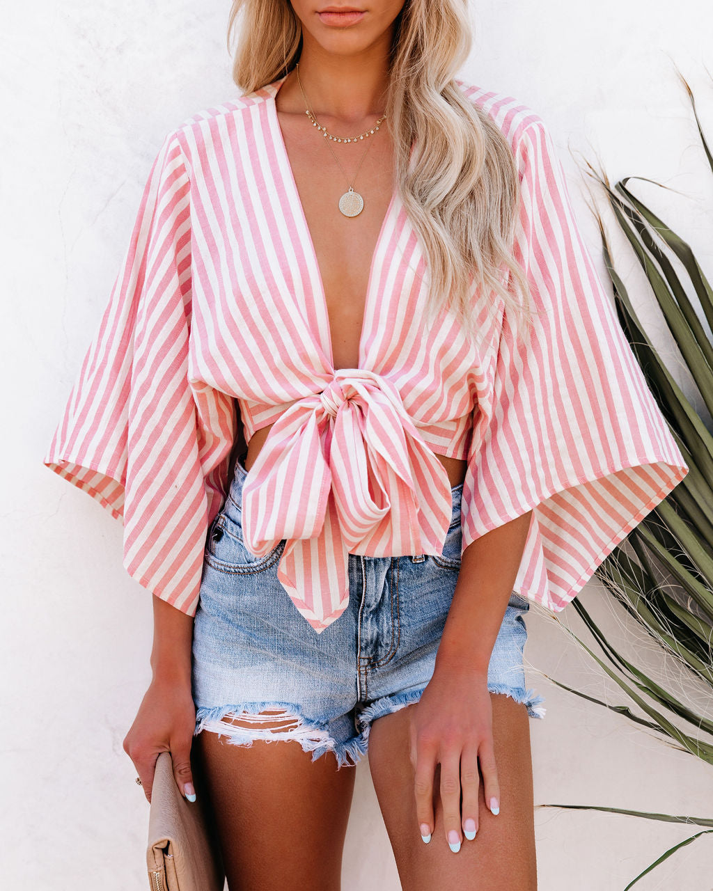 Chi Cotton Blend Striped Tie Top - Pink