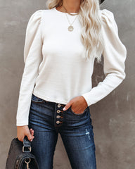 Chivalry Puff Sleeve Ribbed Knit Top - Ivory