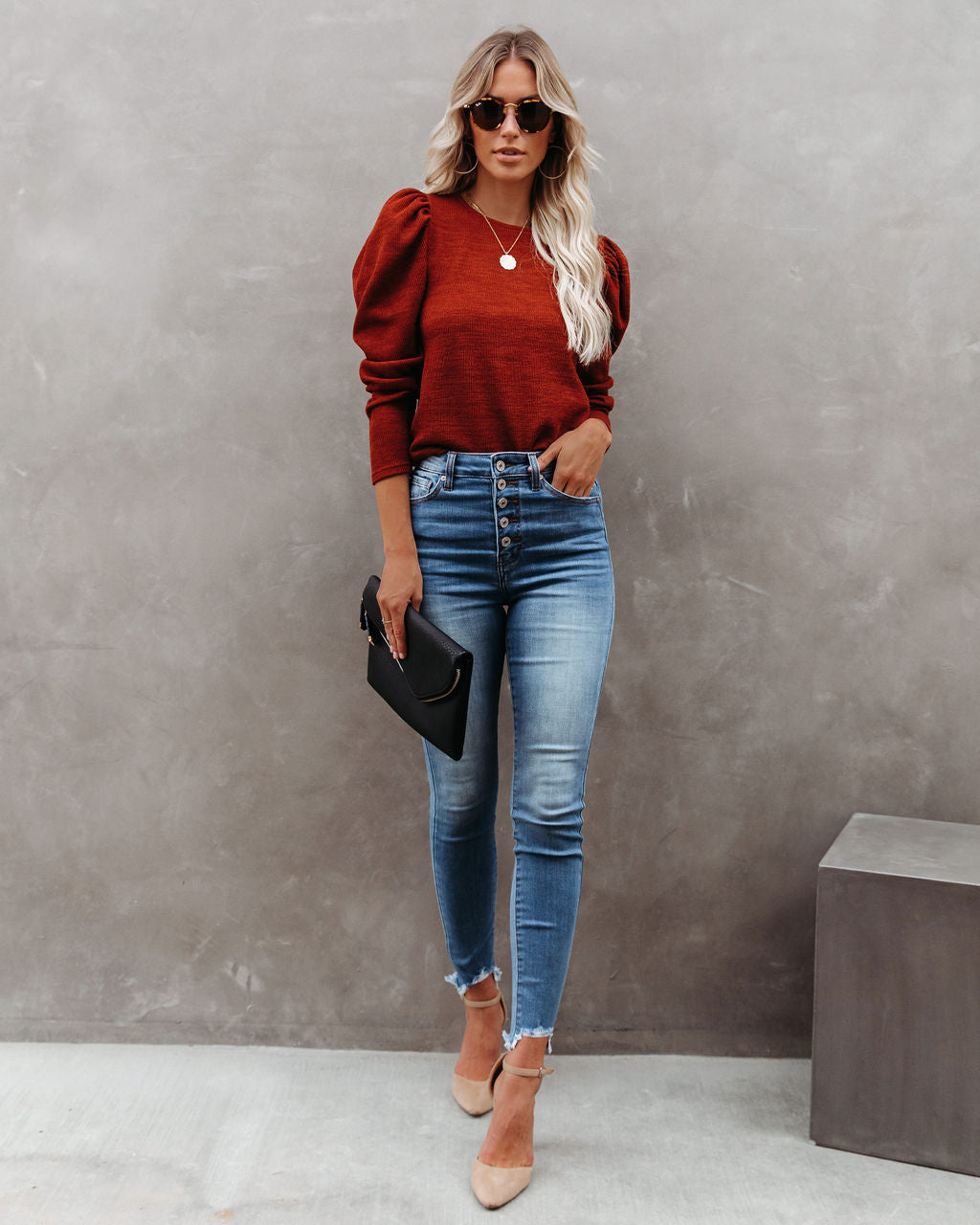 Chivalry Puff Sleeve Ribbed Knit Top - Rust