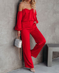 Clockwork Pocketed Satin Wide Leg Trousers - Red