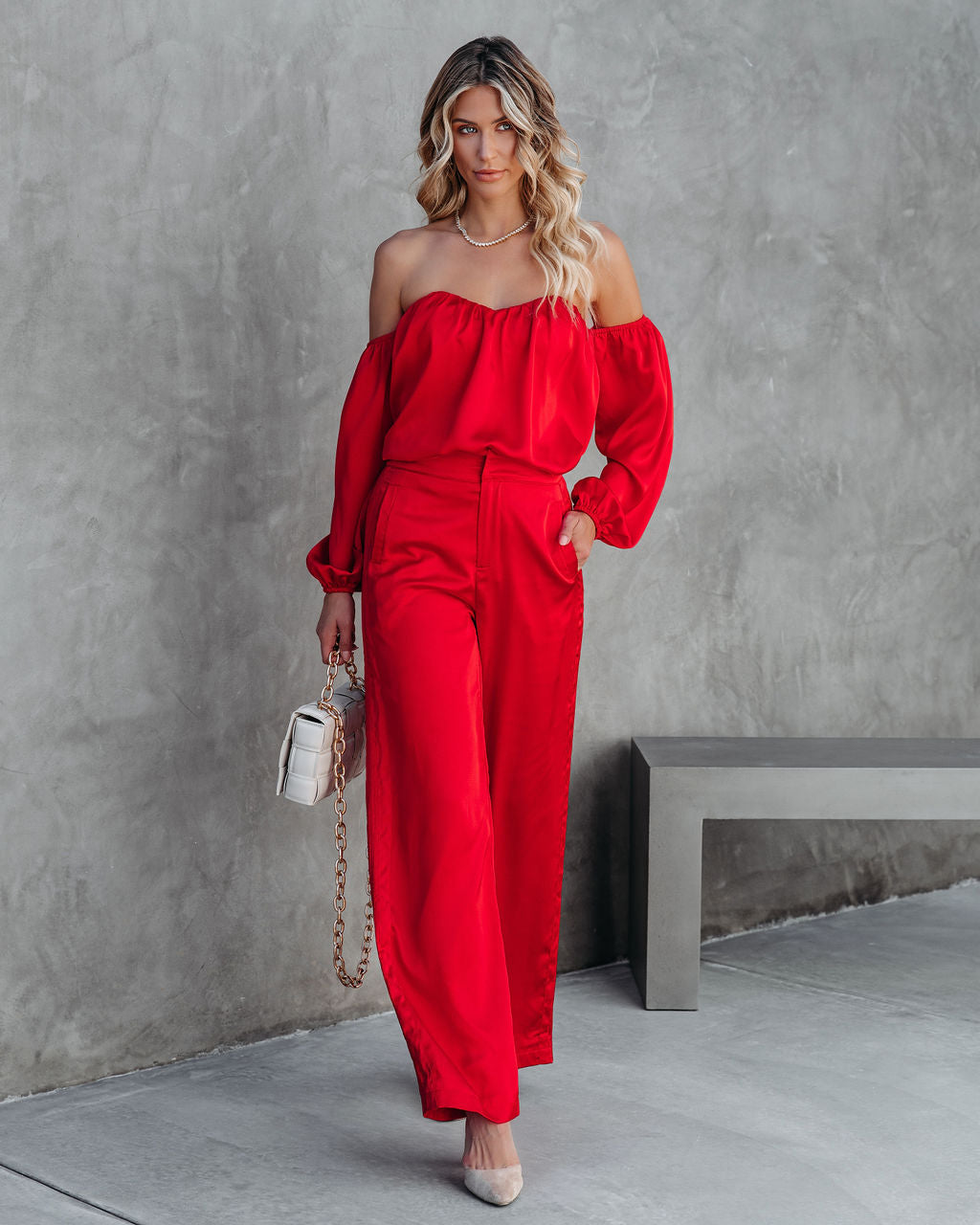 Clockwork Pocketed Satin Wide Leg Trousers - Red