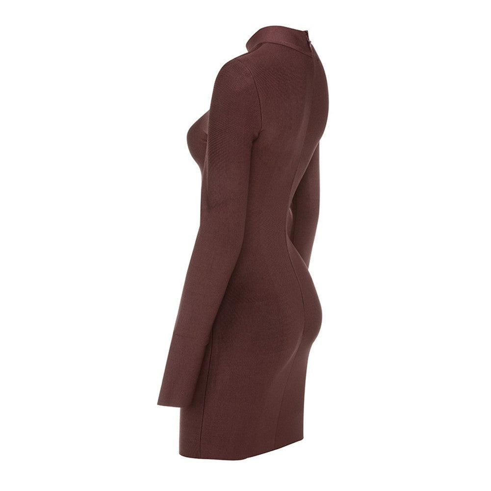 Round Neck Long Sleeve Zip-Front Mini Bandage Dress