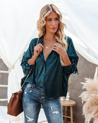 Hint Satin Leopard Embossed Dolman Blouse - Forest Green