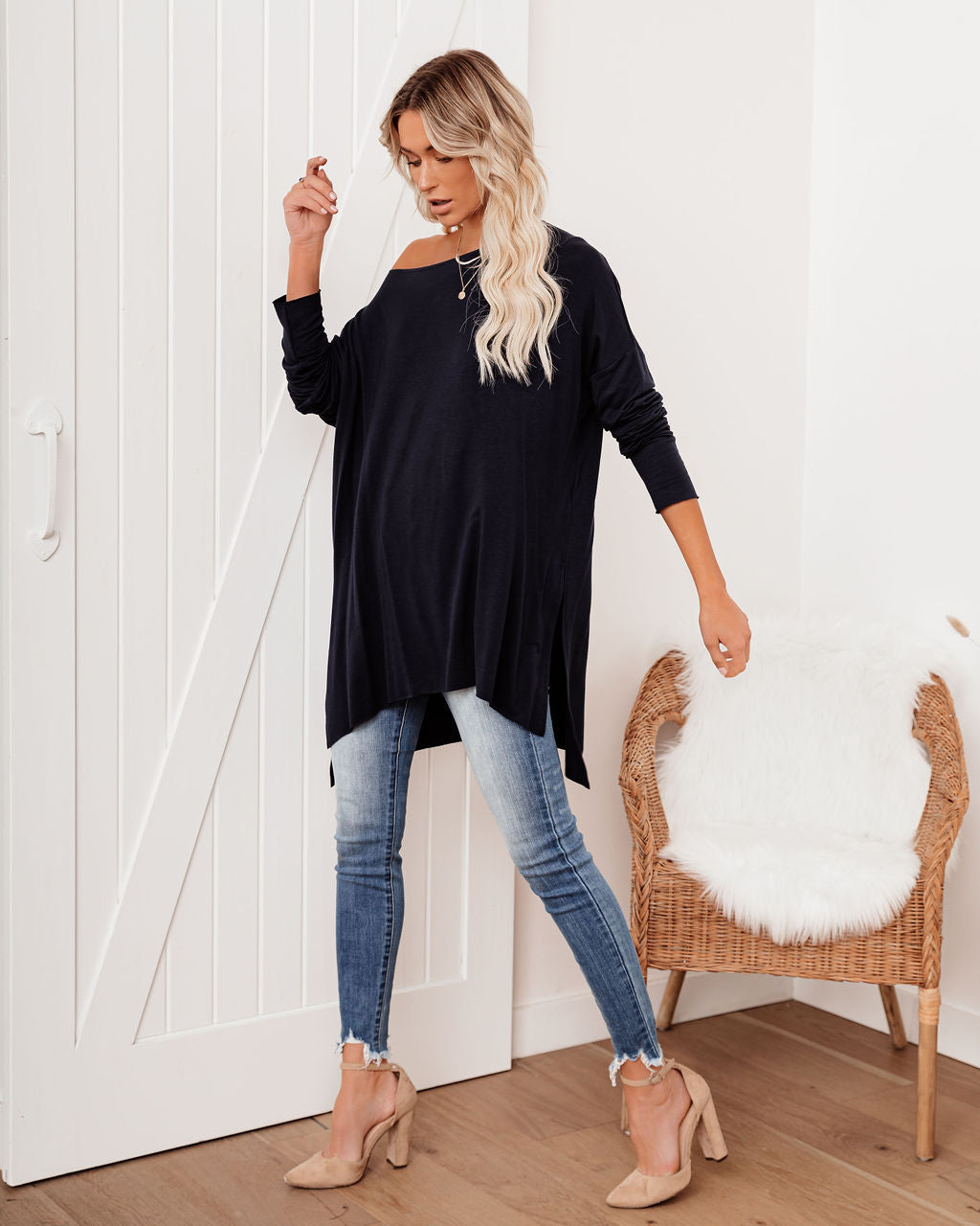 Holiday Weekend Cotton Long Sleeve Tunic - Navy
