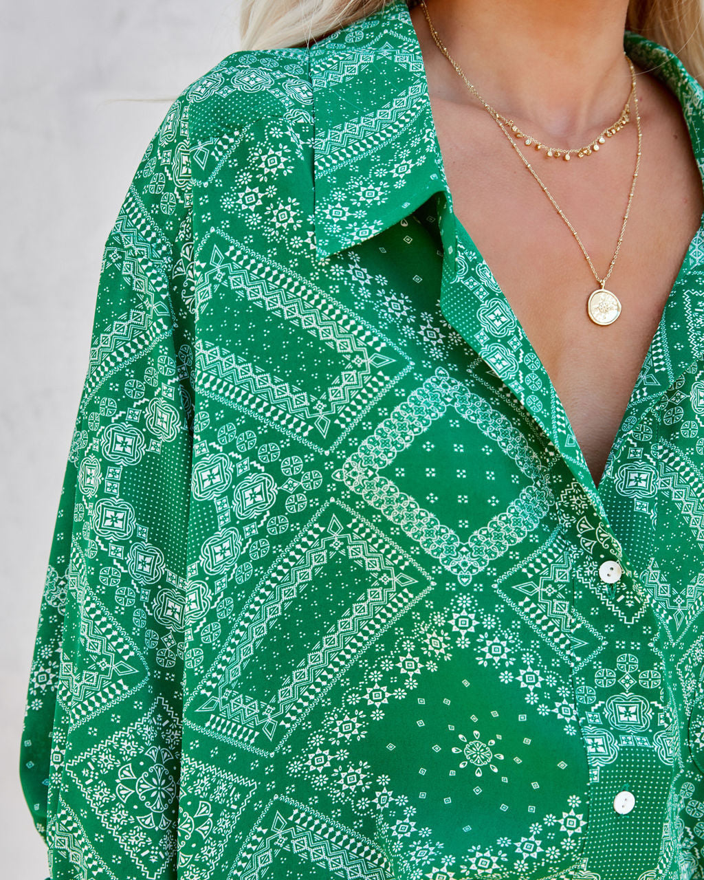 In Luck Printed Button Down Blouse - Green