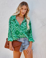 In Luck Printed Button Down Blouse - Green