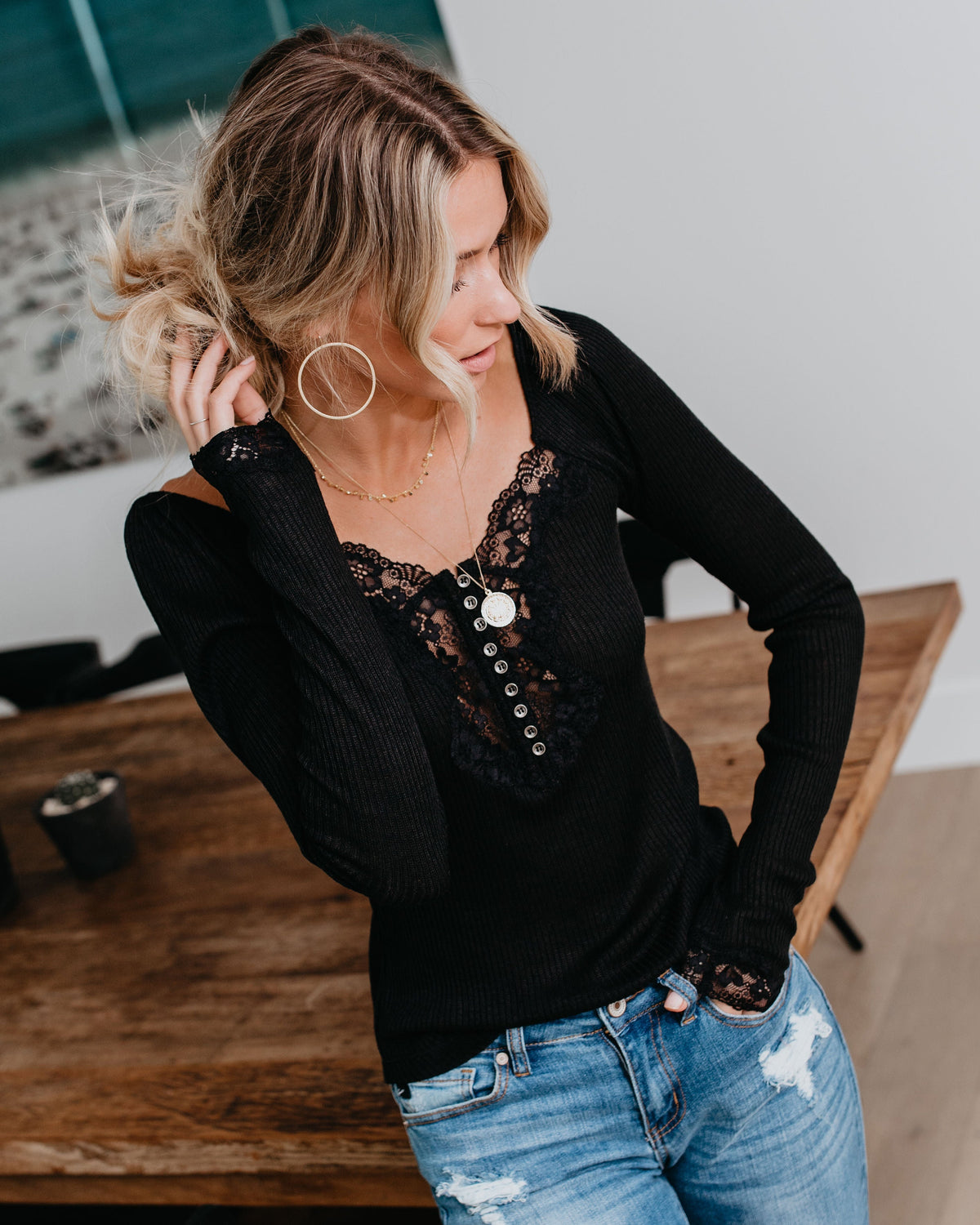 Isn'T It Romantic Lace Henley Top - Black