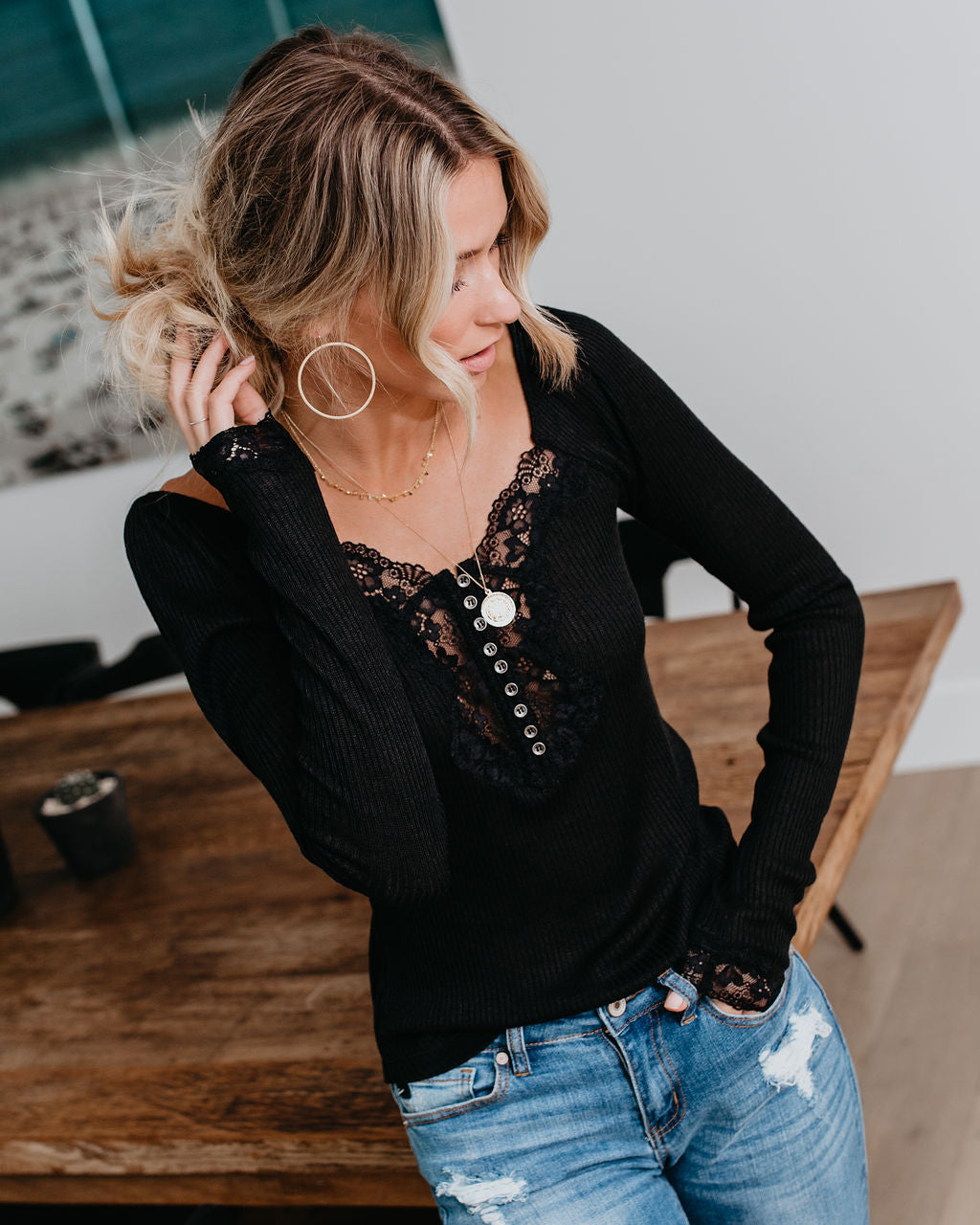 Isn'T It Romantic Lace Henley Top - Black