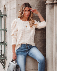 Jennah Puff Sleeve Cable Knit Top - Cream