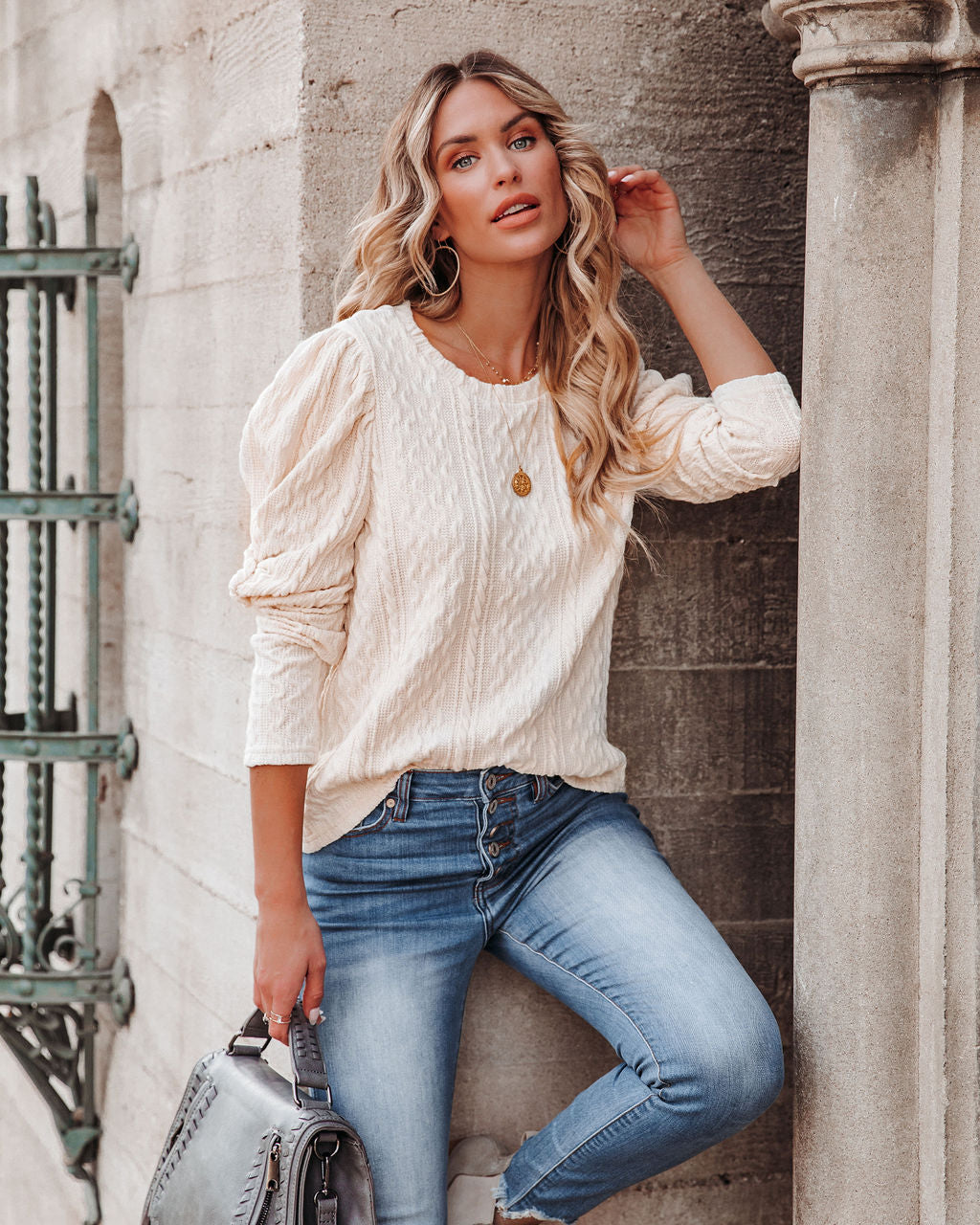 Jennah Puff Sleeve Cable Knit Top - Cream