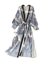 Work of Art Print Blue Color Polyester Long Length Gown Kimono Duster Robe