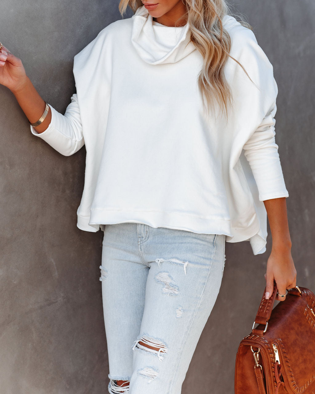 Kylie Cotton Cowl Neck Dolman Sweatshirt - Off White