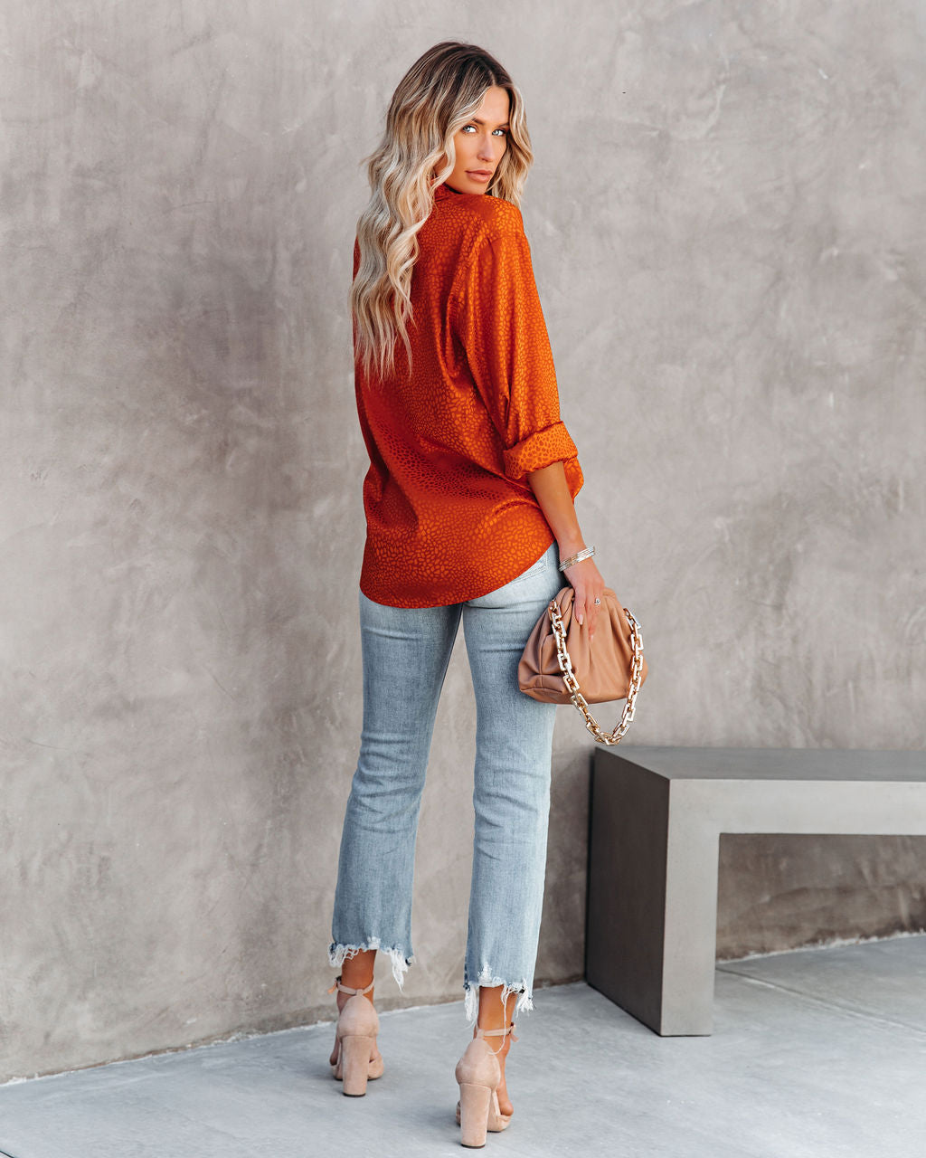 Layton Satin Embossed Button Down Blouse - Rust