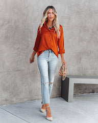 Layton Satin Embossed Button Down Blouse - Rust