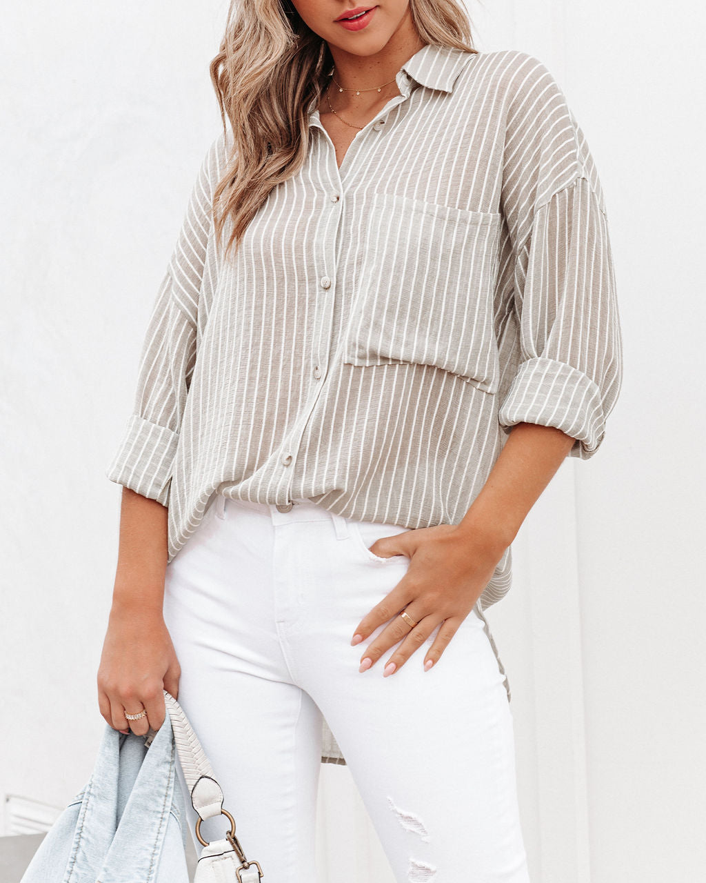 Leonce Striped Button Down Top - Taupe
