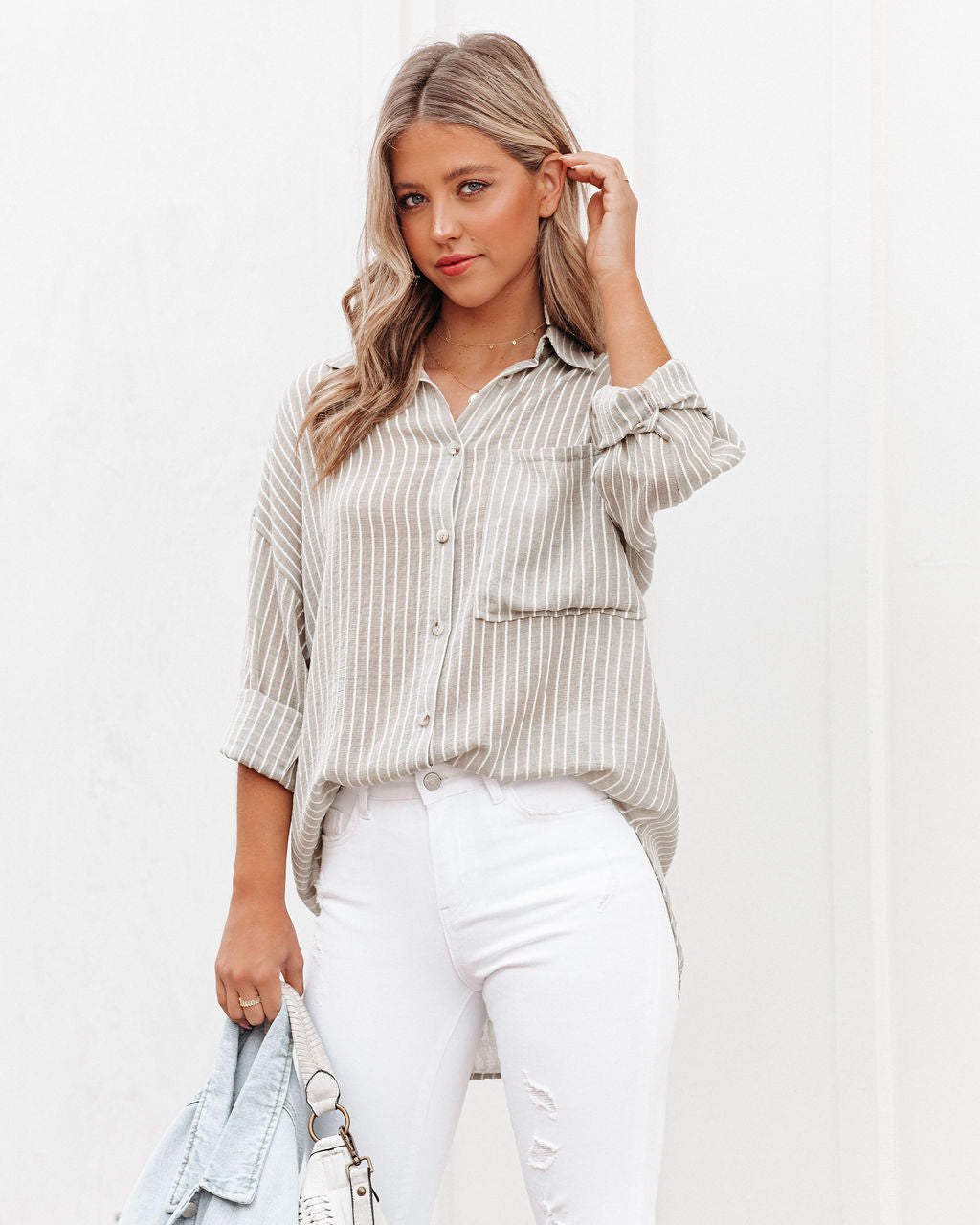 Leonce Striped Button Down Top - Taupe