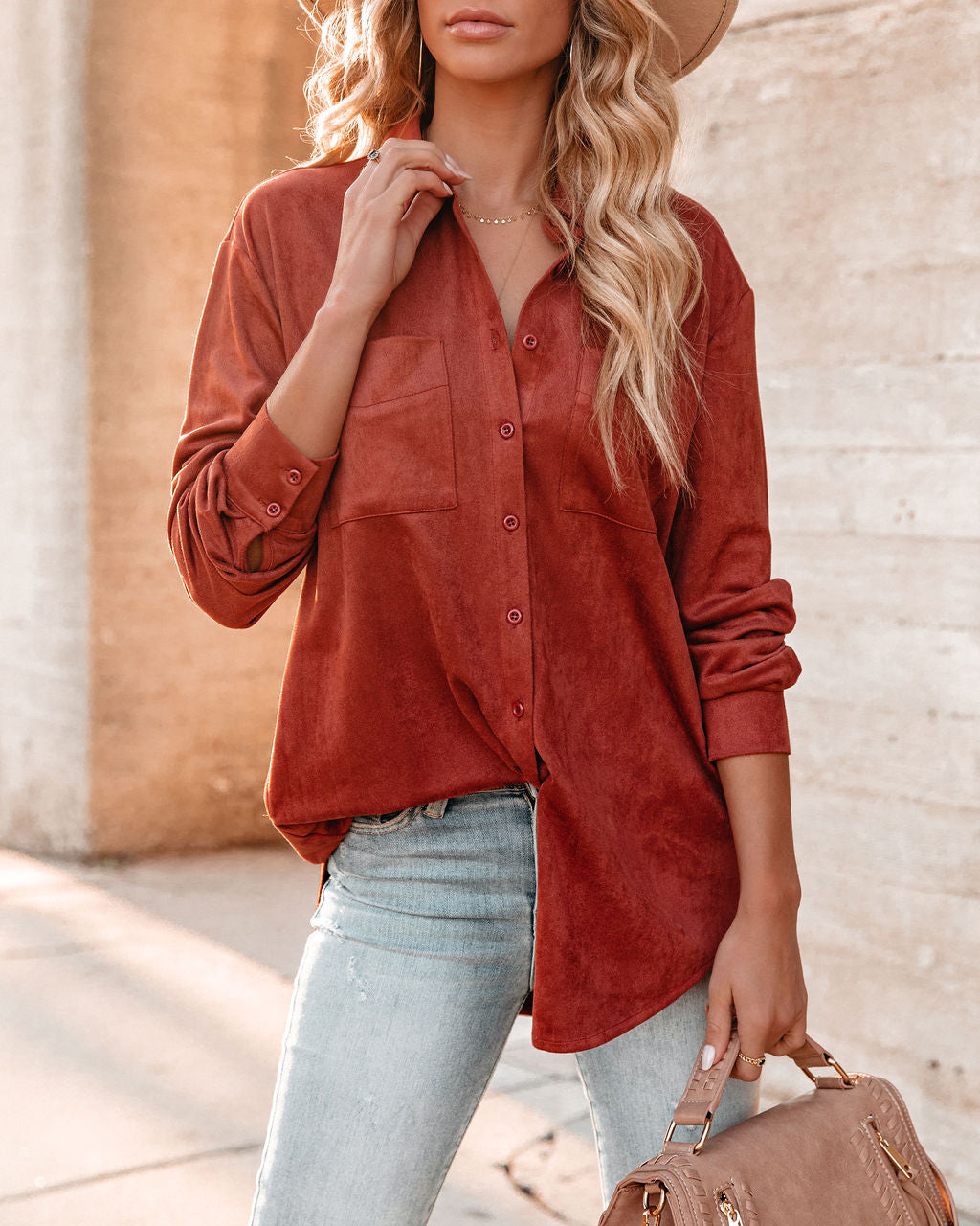 Leone Pocketed Faux Suede Button Down Top - Sienna