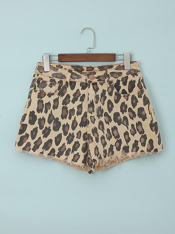 Leopard Print Fashion Frayed Casual Hot Pants Denim Shorts