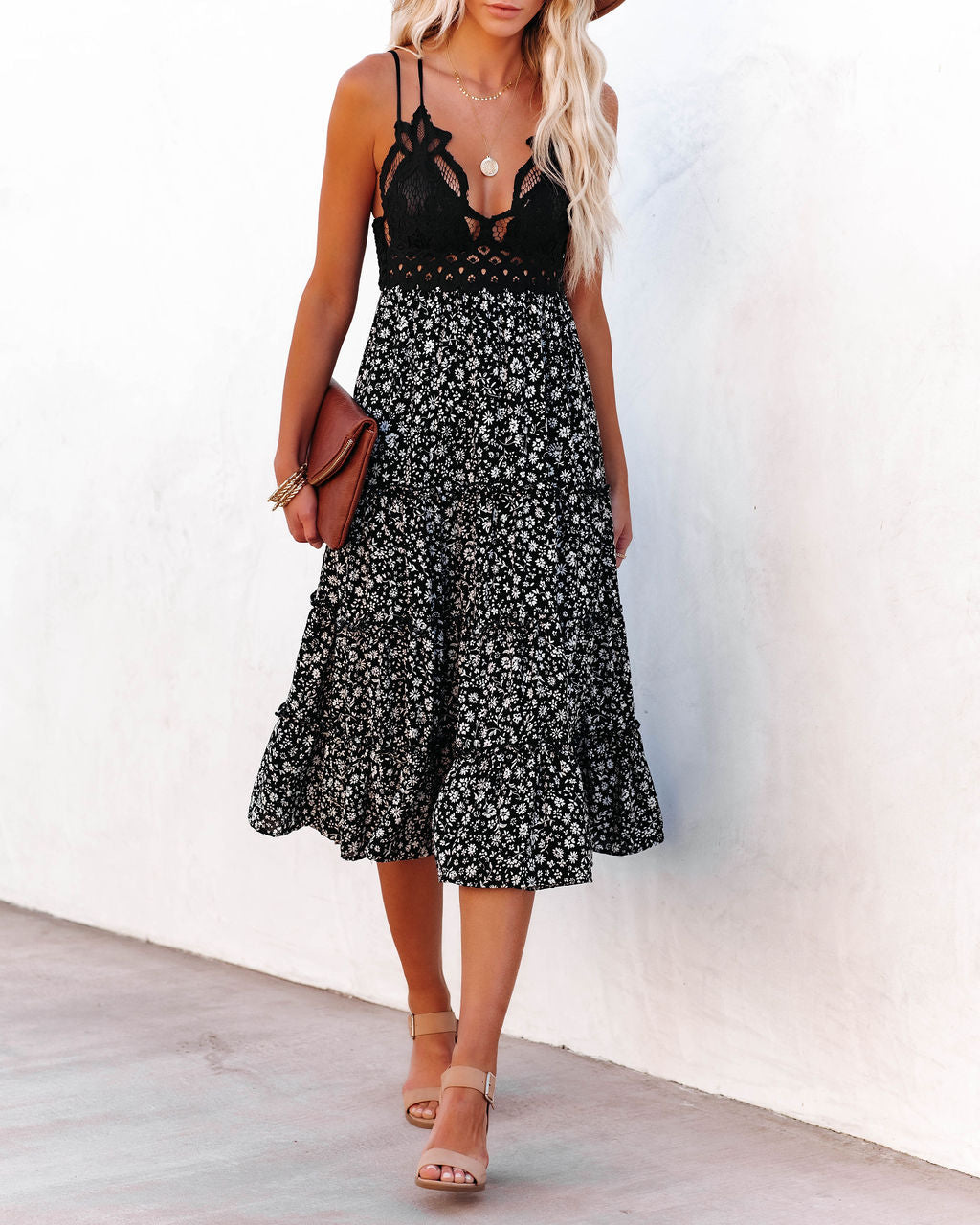 Let It Be Tiered Floral Lace Midi Dress - Black